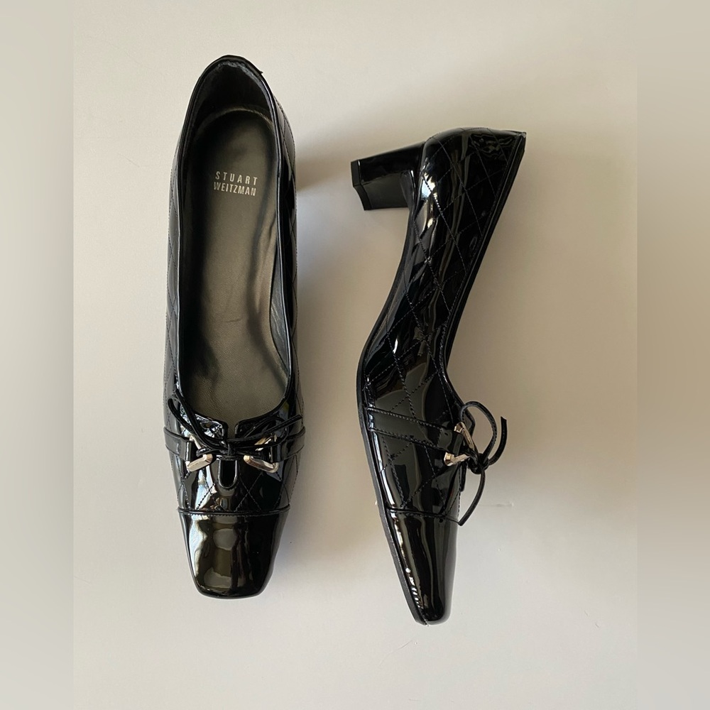 Stuart Weitzman Women's Black Patent Leather Heels Quilted Bow Buckle 11.7M